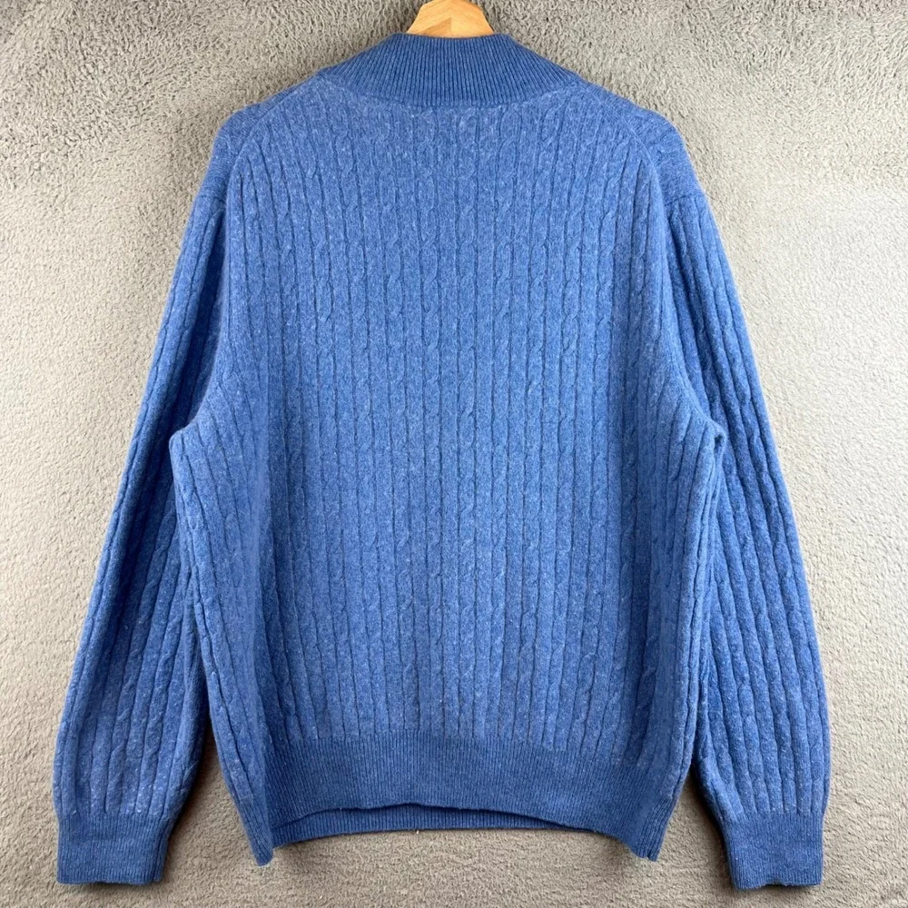 Daniel Bishop Mens 100% Cashmere Cable Knit Quarter Zip Sweater Blue Large